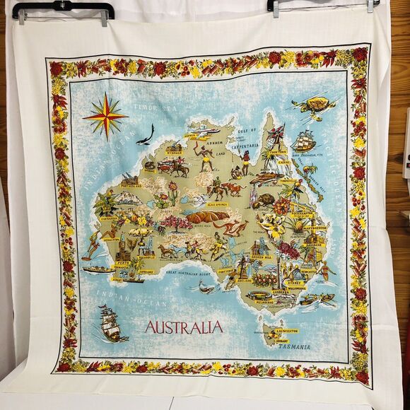Vtg Australia Wall Hanging Linen Table Cloth Map Large 54" x 51" Kangaroo Floral - Picture 1 of 12